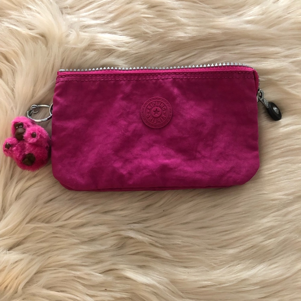 Kipling pink nylon creativity pouch with monkey keychain